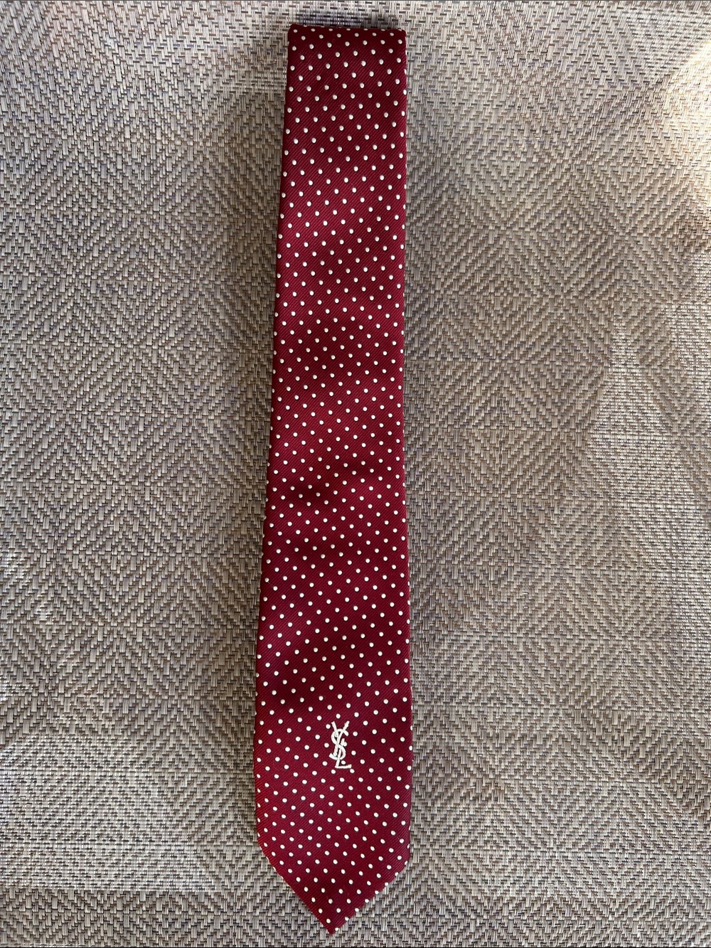 Yves Saint Laurent Vintage Burgundy Polka Dot Tie. GIMBELS store tag attached.